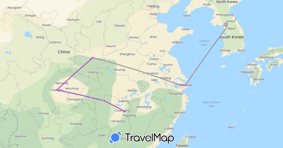 TravelMap itinerary: driving, plane, train in China, South Korea (Asia)